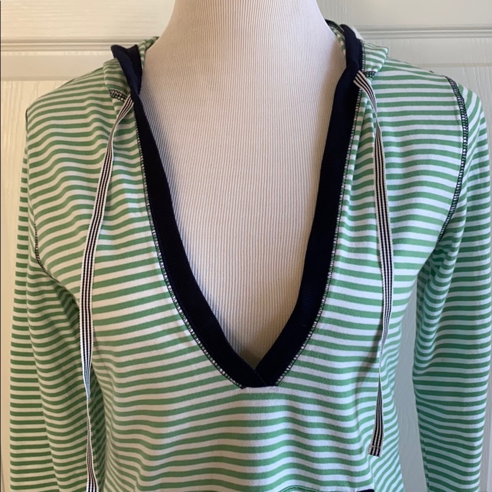 Striped V-Neck Hoodie Top - Light Green - Picture 2 of 7